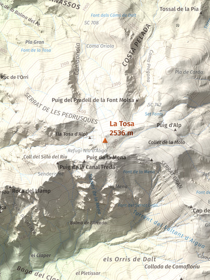 Mapa de relieve de La Tosa, 2536 m, Berguedà · Cerdanya, lámina 100 Cims de Trobart. Detalle de la zona central. 30 × 40 cm.
