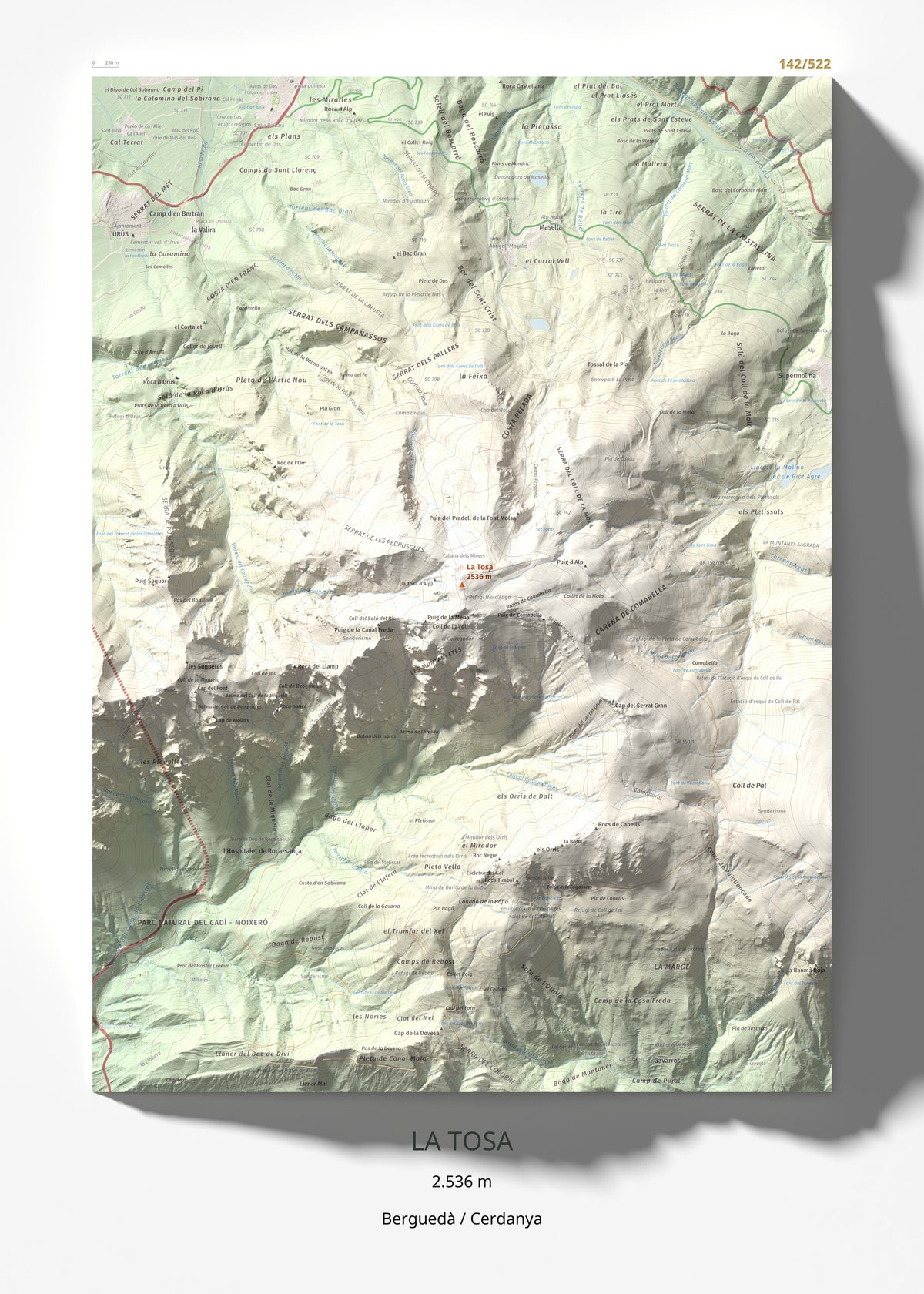 Mapa de relieve de La Tosa, 2536 m, Berguedà · Cerdanya, lámina 100 Cims de Trobart 50 × 70 cm.