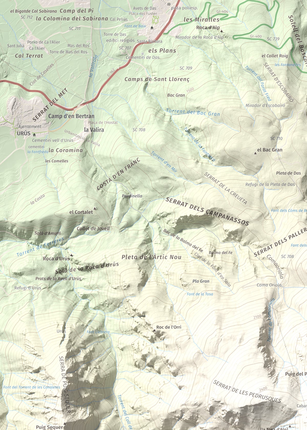 Mapa de relieve de La Tosa, 2536 m, Berguedà · Cerdanya, lámina 100 Cims de Trobart. Detalle de la zona superior izquierda. 50 × 70 cm.