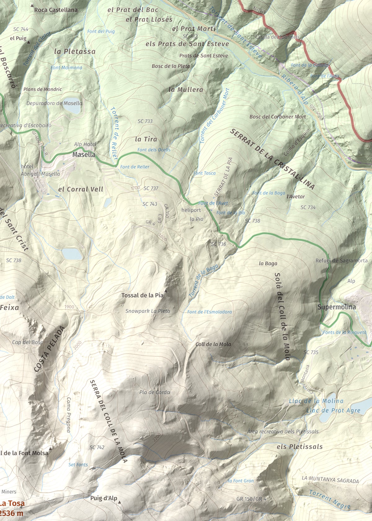Mapa de relieve de La Tosa, 2536 m, Berguedà · Cerdanya, lámina 100 Cims de Trobart. Detalle de la zona superior derecha. 50 × 70 cm.