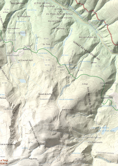 Mapa de relieve de La Tosa, 2536 m, Berguedà · Cerdanya, lámina 100 Cims de Trobart. Detalle de la zona superior derecha. 50 × 70 cm.