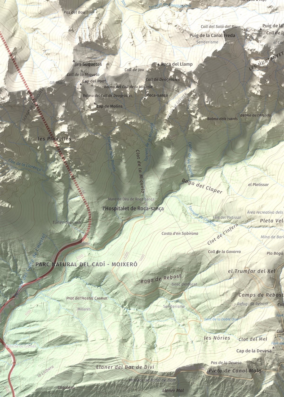 Mapa de relieve de La Tosa, 2536 m, Berguedà · Cerdanya, lámina 100 Cims de Trobart. Detalle de la zona inferior izquierda. 50 × 70 cm.