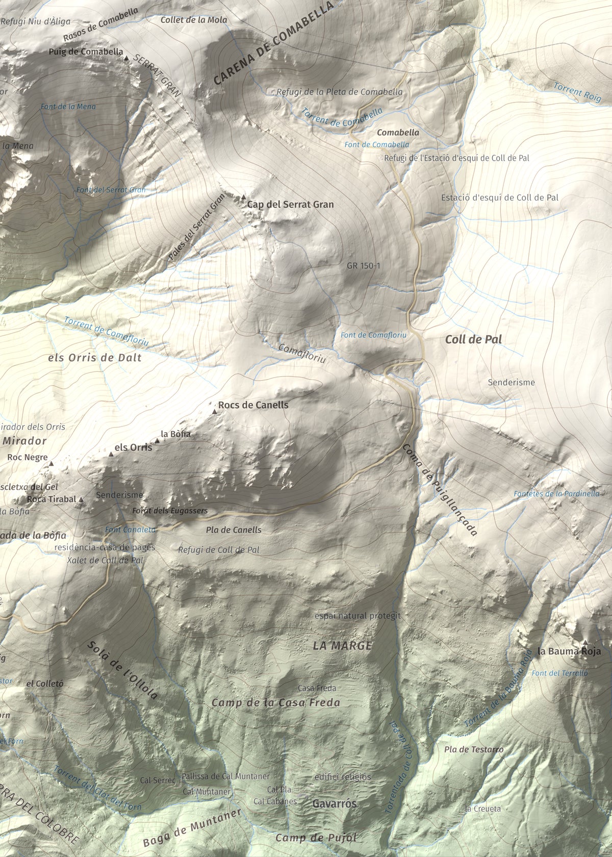 Mapa de relieve de La Tosa, 2536 m, Berguedà · Cerdanya, lámina 100 Cims de Trobart. Detalle de la zona inferior derecha. 50 × 70 cm.