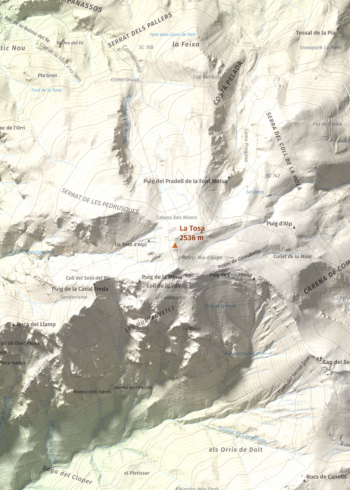Mapa de relieve de La Tosa, 2536 m, Berguedà · Cerdanya, lámina 100 Cims de Trobart. Detalle de la zona central. 50 × 70 cm.