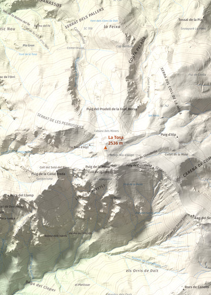Mapa de relieve de La Tosa, 2536 m, Berguedà · Cerdanya, lámina 100 Cims de Trobart. Detalle de la zona central. 50 × 70 cm.