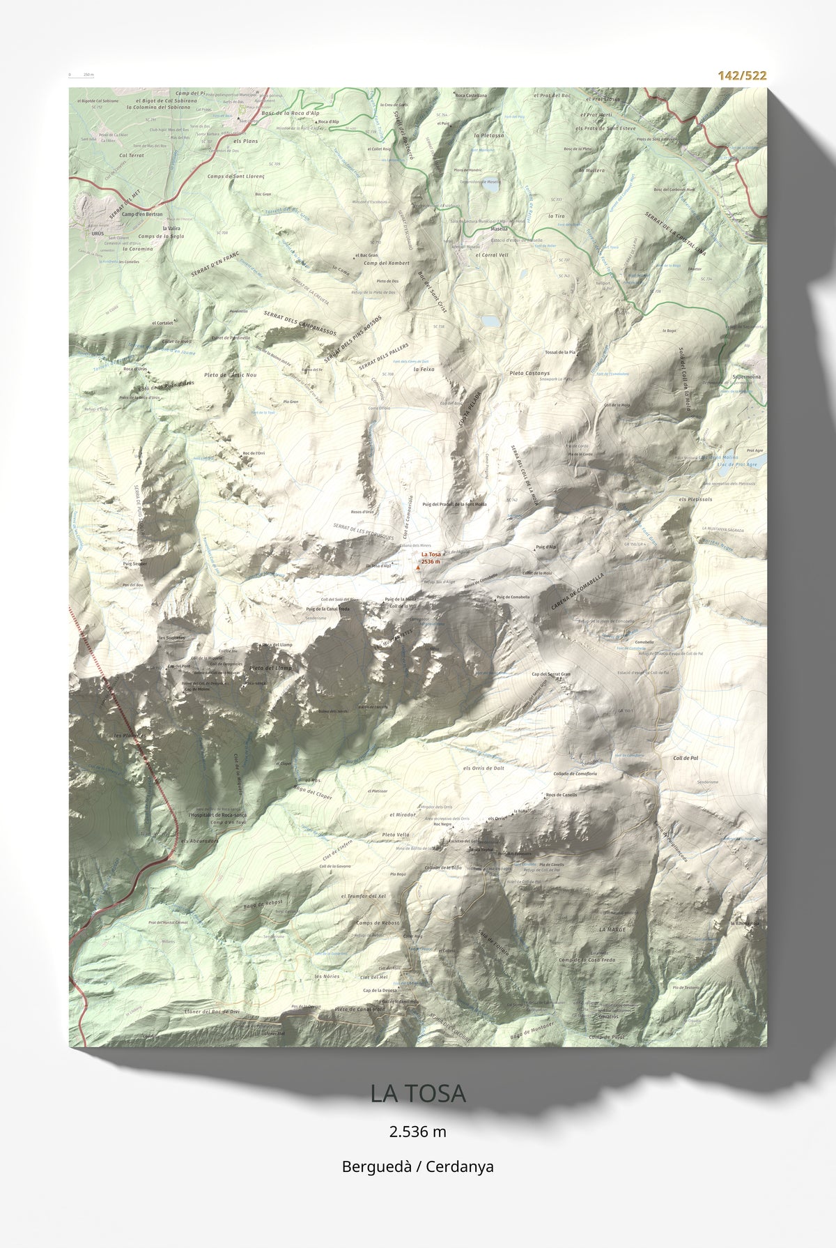 Mapa de relieve de La Tosa, 2536 m, Berguedà · Cerdanya, lámina 100 Cims de Trobart 61 × 91 cm.