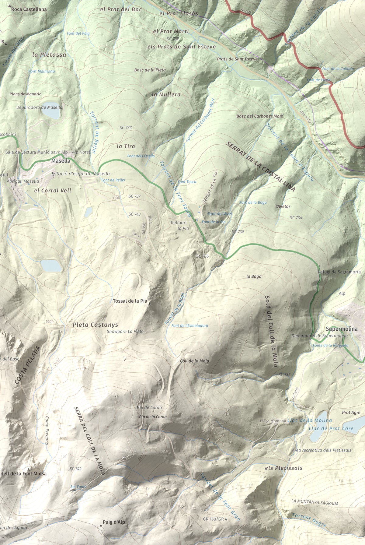 Mapa de relieve de La Tosa, 2536 m, Berguedà · Cerdanya, lámina 100 Cims de Trobart. Detalle de la zona superior derecha. 61 × 91 cm.