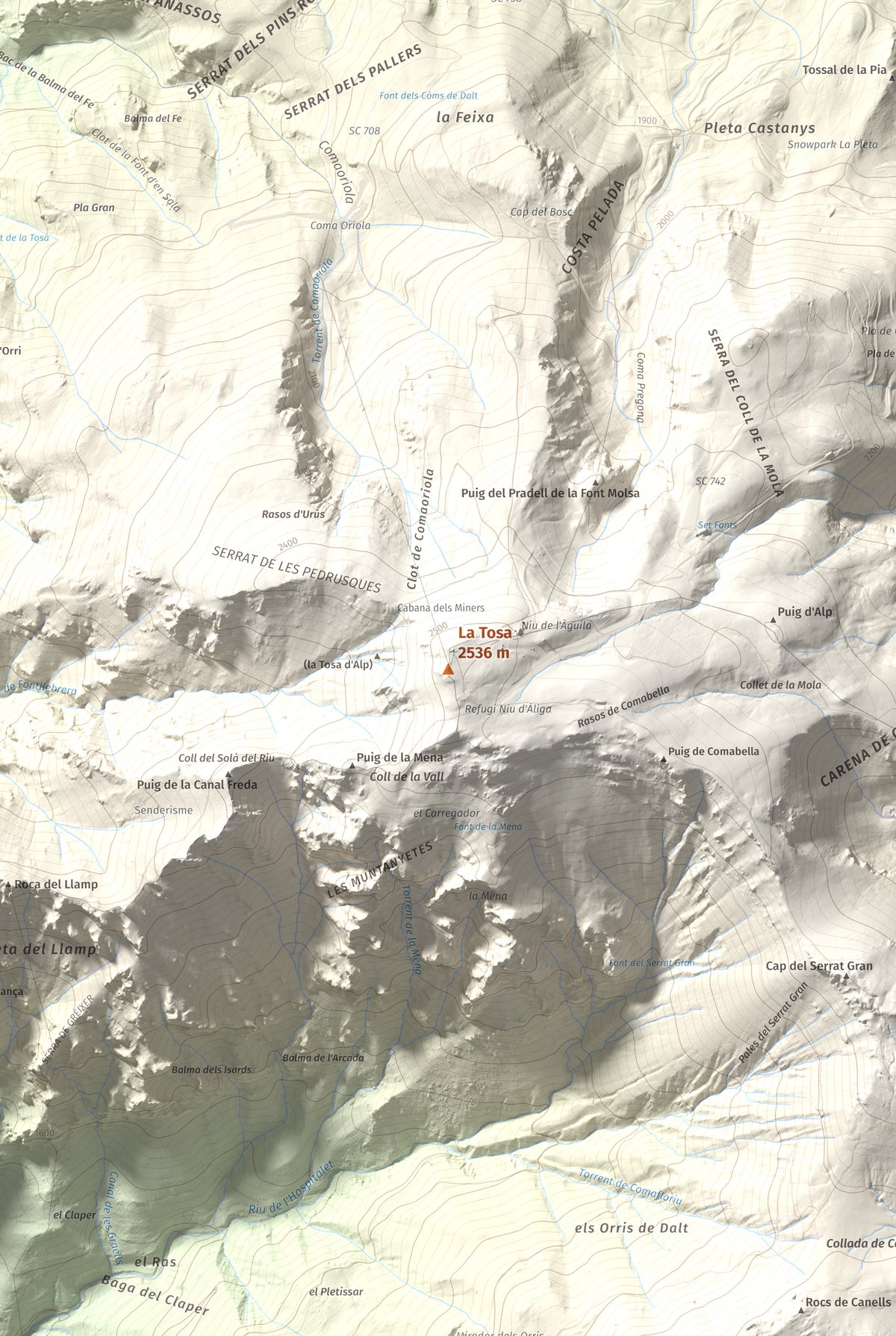 Mapa de relieve de La Tosa, 2536 m, Berguedà · Cerdanya, lámina 100 Cims de Trobart. Detalle de la zona central. 61 × 91 cm.