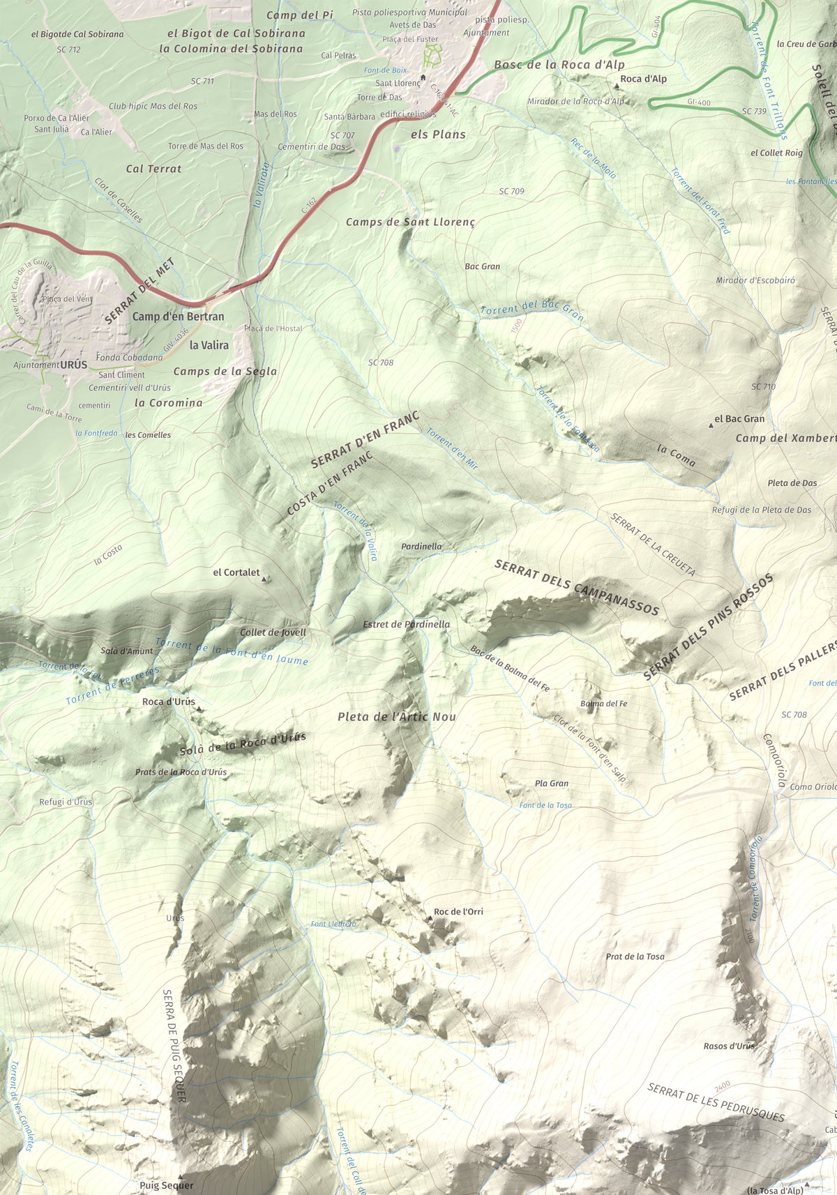 Mapa de relieve de La Tosa, 2536 m, Berguedà · Cerdanya, lámina 100 Cims de Trobart. Detalle de la zona superior izquierda. 70 × 100 cm.