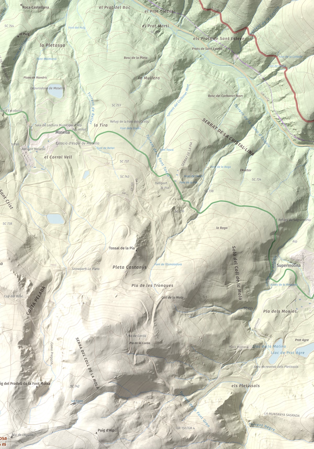 Mapa de relieve de La Tosa, 2536 m, Berguedà · Cerdanya, lámina 100 Cims de Trobart. Detalle de la zona superior derecha. 70 × 100 cm.