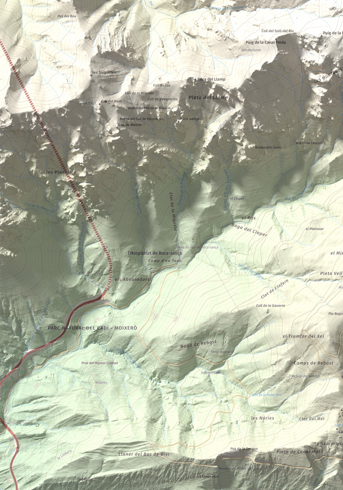 Mapa de relieve de La Tosa, 2536 m, Berguedà · Cerdanya, lámina 100 Cims de Trobart. Detalle de la zona inferior izquierda. 70 × 100 cm.