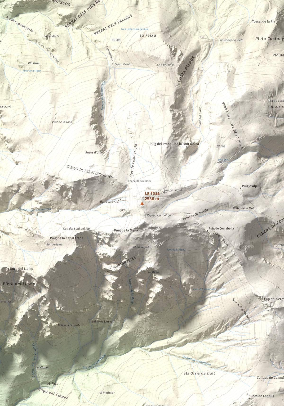 Mapa de relieve de La Tosa, 2536 m, Berguedà · Cerdanya, lámina 100 Cims de Trobart. Detalle de la zona central. 70 × 100 cm.
