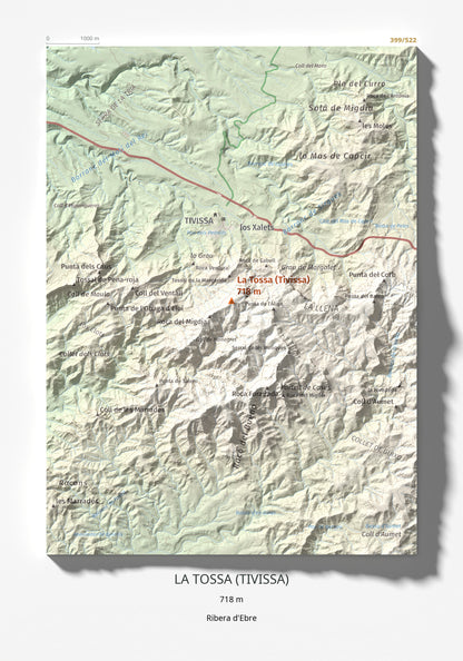 Mapa topogràfic del relleu: La Tossa (Tivissa), 718 m. Làmina completa. 21 × 30 cm.