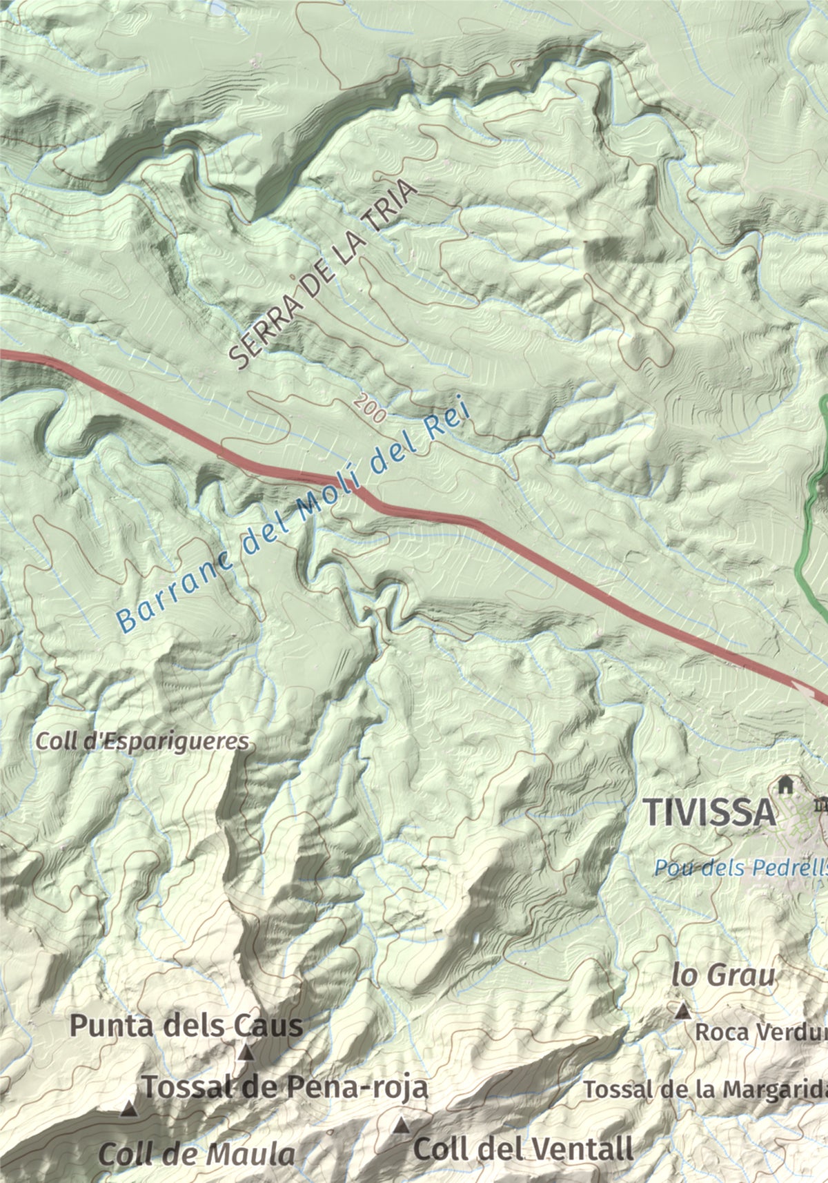 Mapa topogràfic del relleu: La Tossa (Tivissa), 718 m. Detall de la zona superior esquerra. 21 × 30 cm.