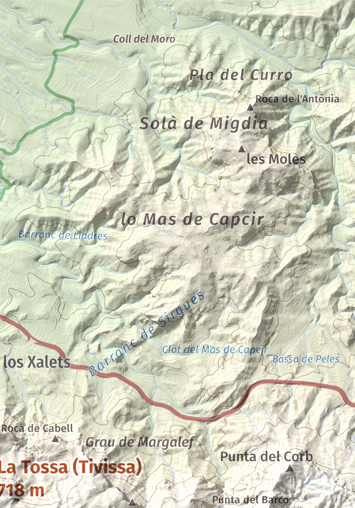 Mapa topogràfic del relleu: La Tossa (Tivissa), 718 m. Detall de la zona superior dreta. 21 × 30 cm.