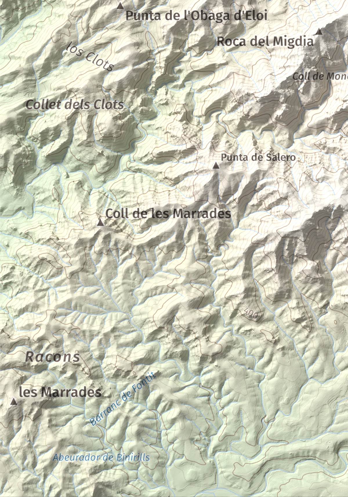 Mapa topogràfic del relleu: La Tossa (Tivissa), 718 m. Detall de la zona inferior esquerra. 21 × 30 cm.
