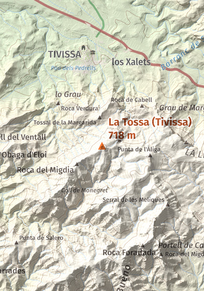 Mapa topogràfic del relleu: La Tossa (Tivissa), 718 m. Detall de la zona central. 21 × 30 cm.