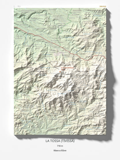 Mapa topogràfic del relleu: La Tossa (Tivissa), 718 m. Làmina completa. 30 × 40 cm.