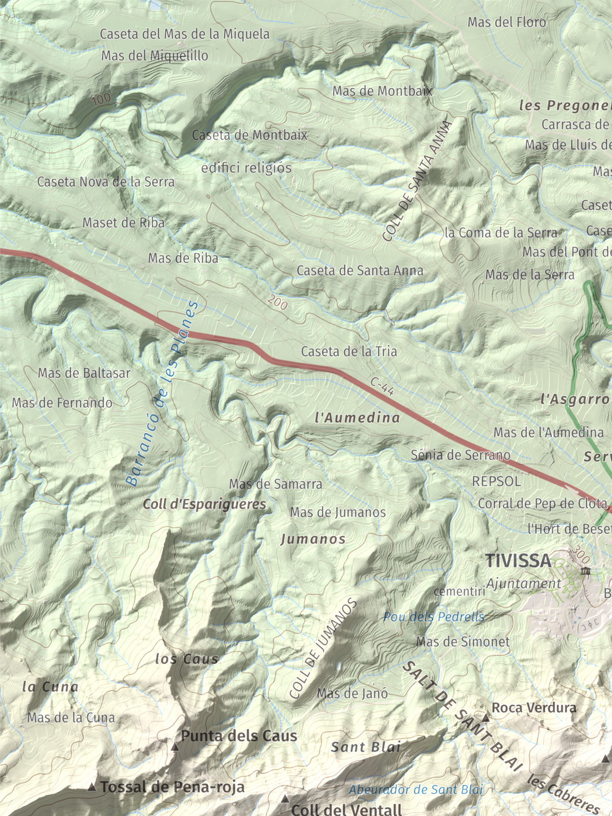 Mapa topogràfic del relleu: La Tossa (Tivissa), 718 m. Detall de la zona superior esquerra. 30 × 40 cm.