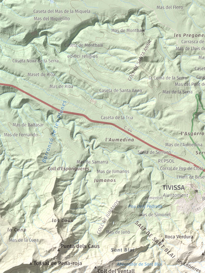 Mapa topogràfic del relleu: La Tossa (Tivissa), 718 m. Detall de la zona superior esquerra. 30 × 40 cm.