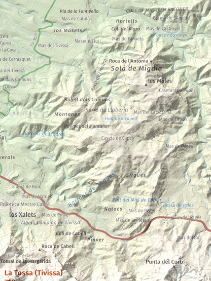 Mapa topogràfic del relleu: La Tossa (Tivissa), 718 m. Detall de la zona superior dreta. 30 × 40 cm.