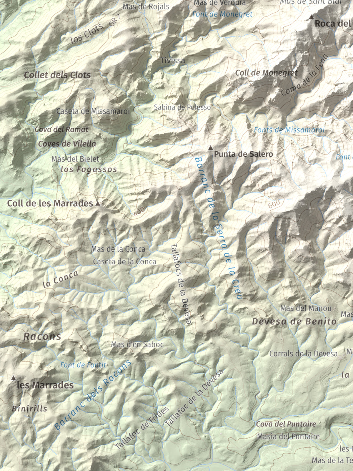 Mapa topogràfic del relleu: La Tossa (Tivissa), 718 m. Detall de la zona inferior esquerra. 30 × 40 cm.