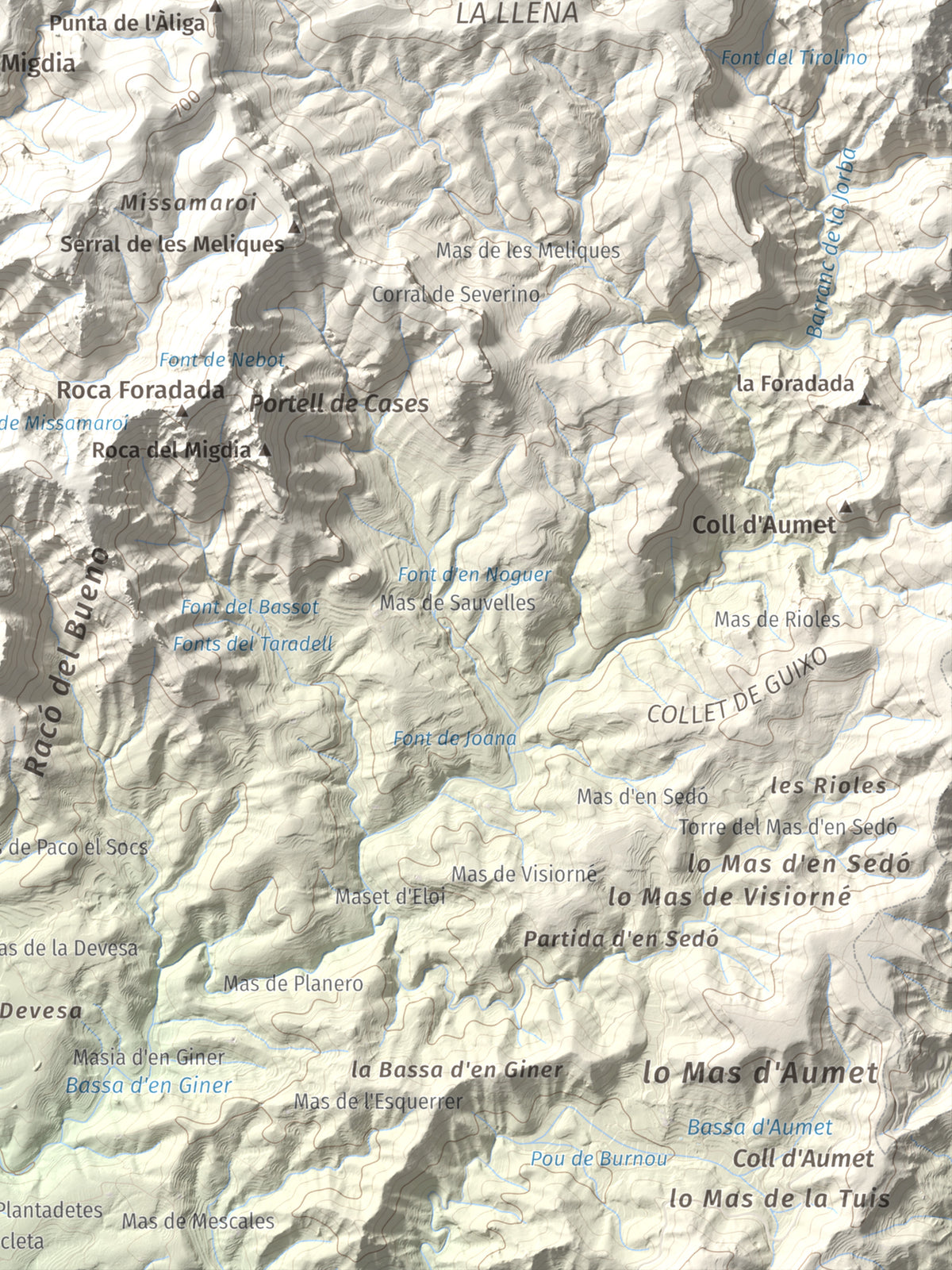 Mapa topogràfic del relleu: La Tossa (Tivissa), 718 m. Detall de la zona inferior dreta. 30 × 40 cm.
