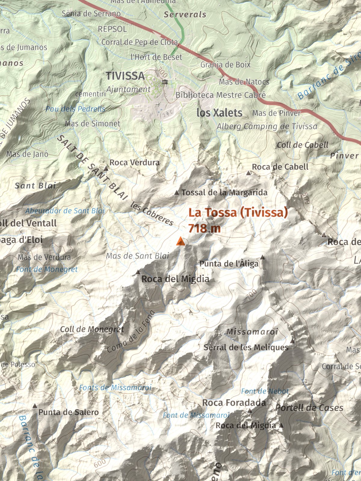 Mapa topogràfic del relleu: La Tossa (Tivissa), 718 m. Detall de la zona central. 30 × 40 cm.