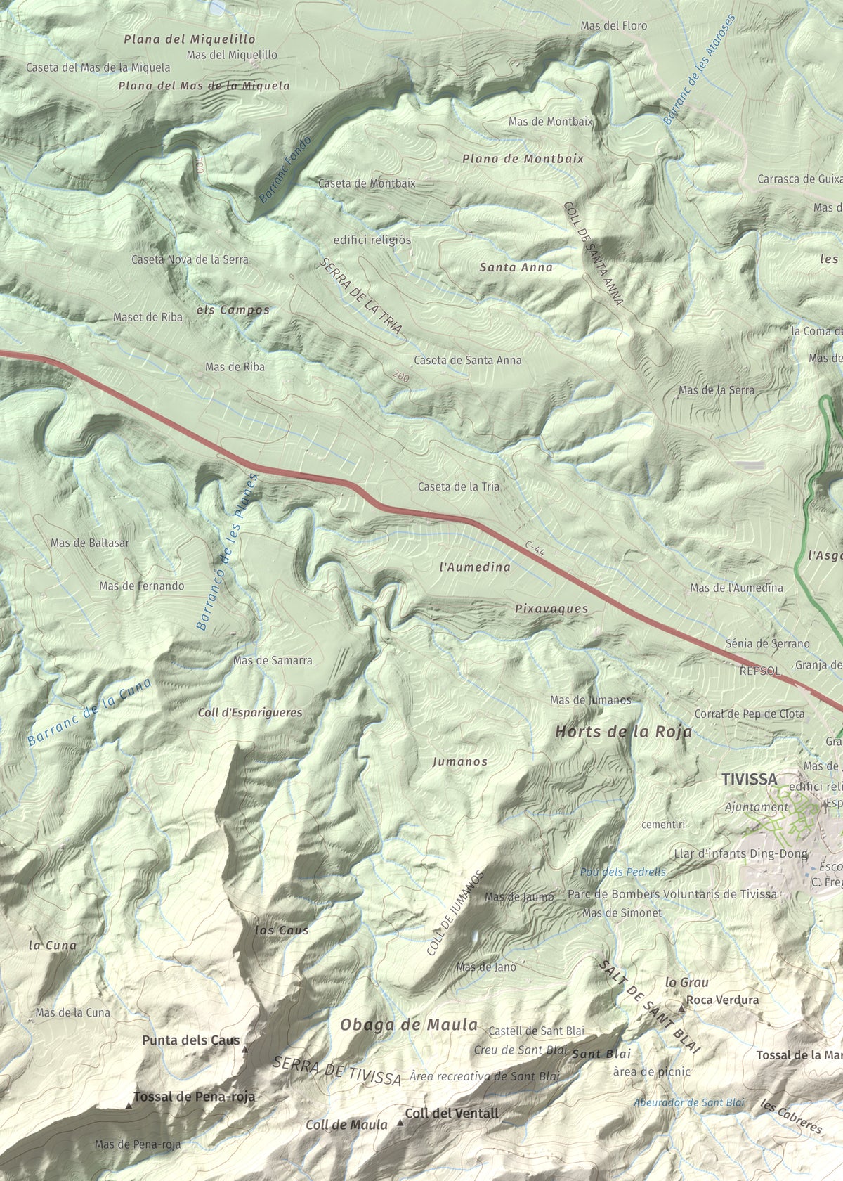 Mapa topogràfic del relleu: La Tossa (Tivissa), 718 m. Detall de la zona superior esquerra. 50 × 70 cm.