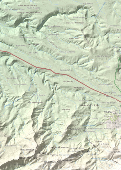 Mapa topogràfic del relleu: La Tossa (Tivissa), 718 m. Detall de la zona superior esquerra. 50 × 70 cm.