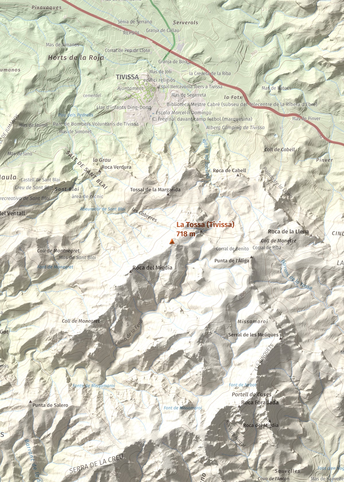 Mapa topogràfic del relleu: La Tossa (Tivissa), 718 m. Detall de la zona central. 50 × 70 cm.