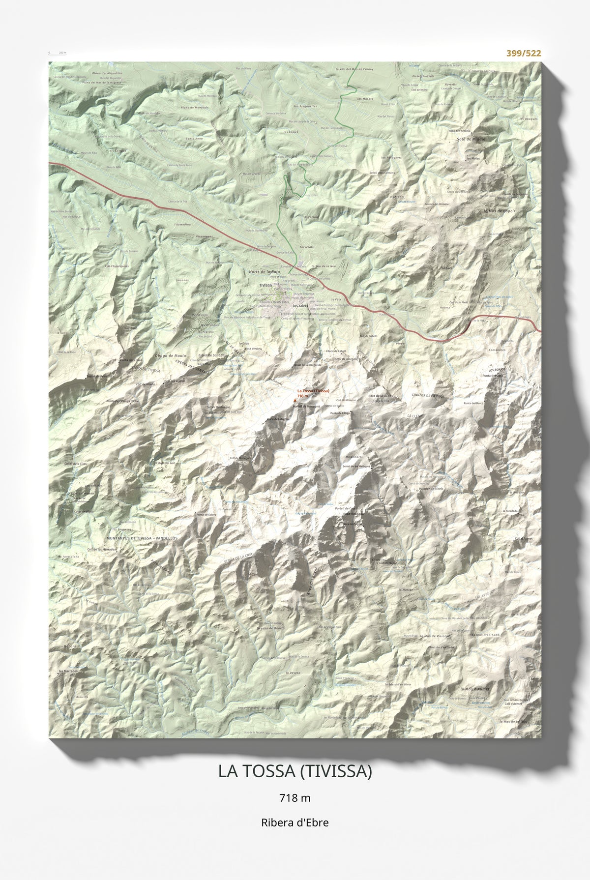 Mapa topogràfic del relleu: La Tossa (Tivissa), 718 m. Làmina completa. 61 × 91 cm.