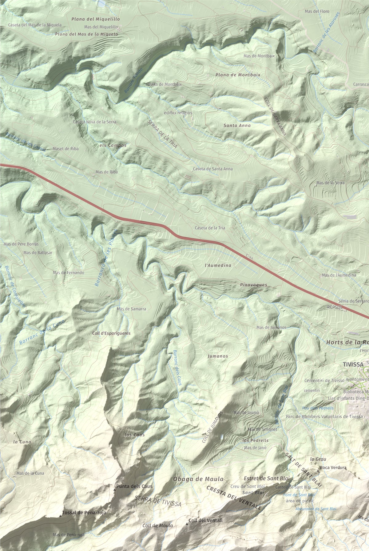 Mapa topogràfic del relleu: La Tossa (Tivissa), 718 m. Detall de la zona superior esquerra. 61 × 91 cm.