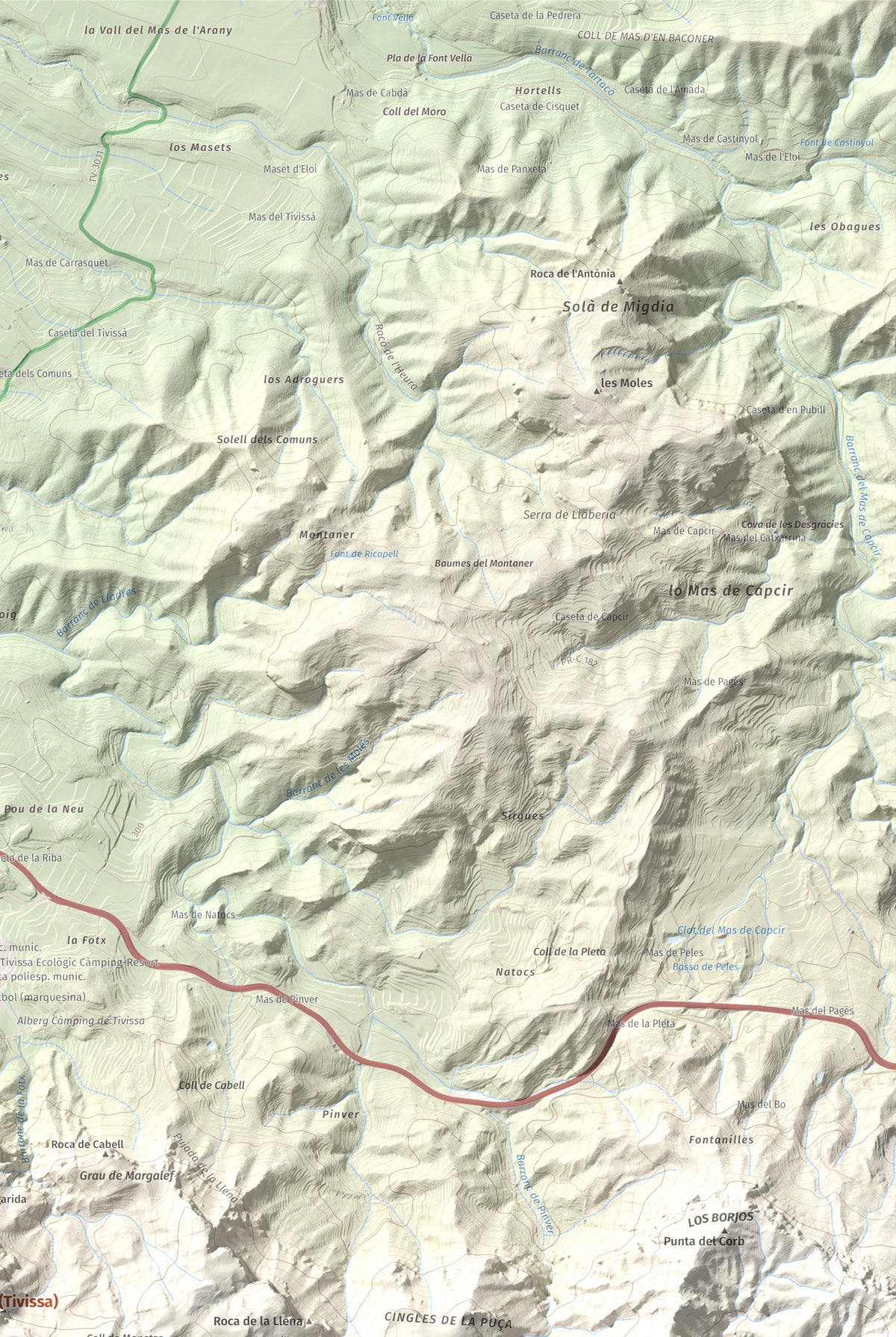 Mapa topogràfic del relleu: La Tossa (Tivissa), 718 m. Detall de la zona superior dreta. 61 × 91 cm.
