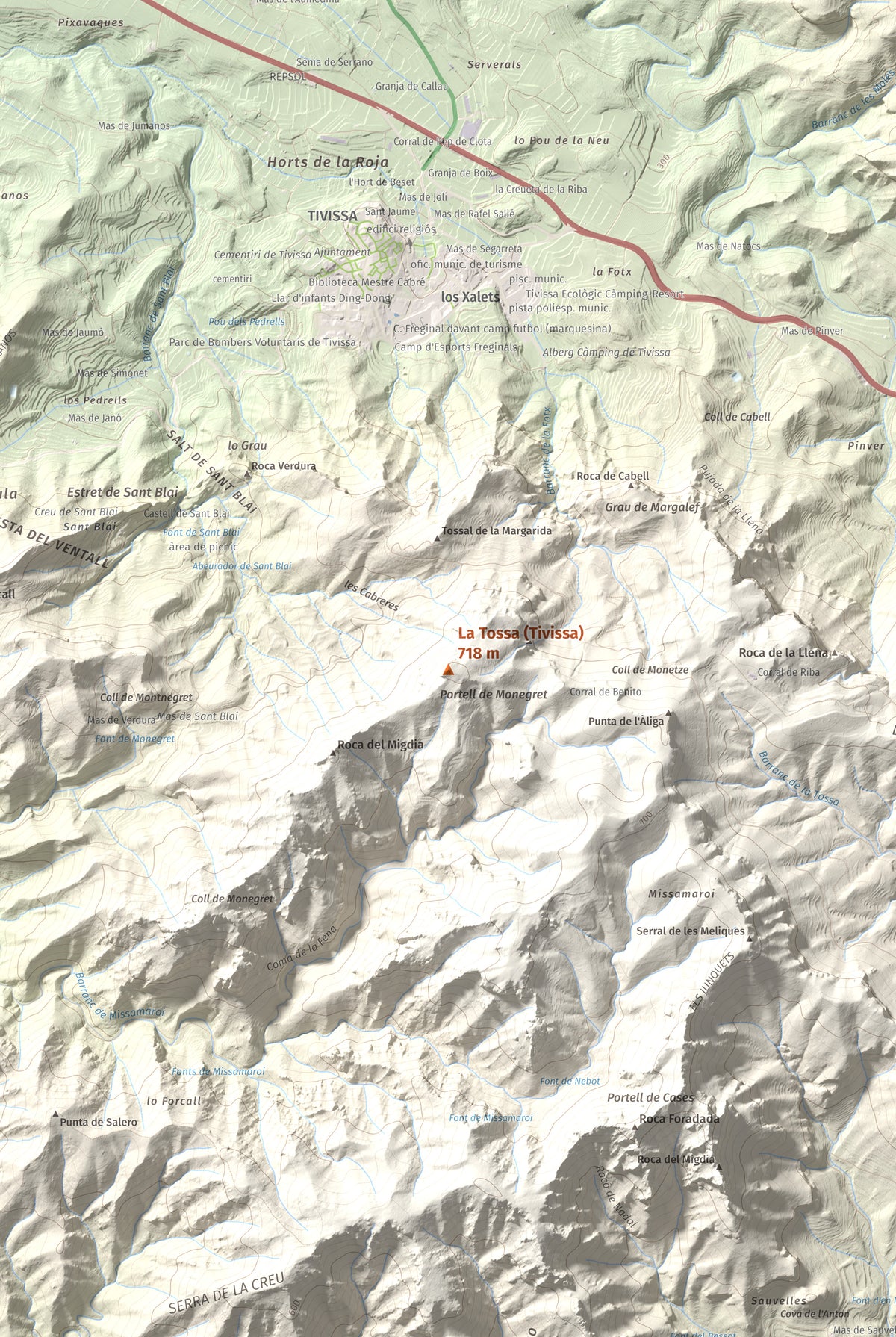 Mapa topogràfic del relleu: La Tossa (Tivissa), 718 m. Detall de la zona central. 61 × 91 cm.