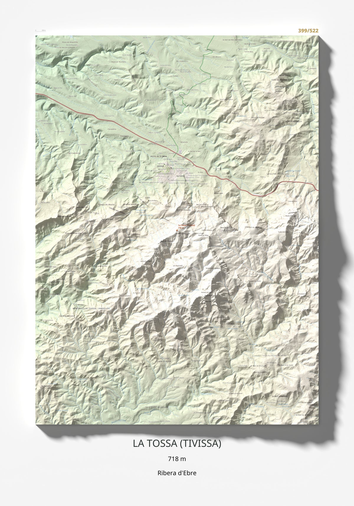 Mapa topogràfic del relleu: La Tossa (Tivissa), 718 m. Làmina completa. 70 × 100 cm.