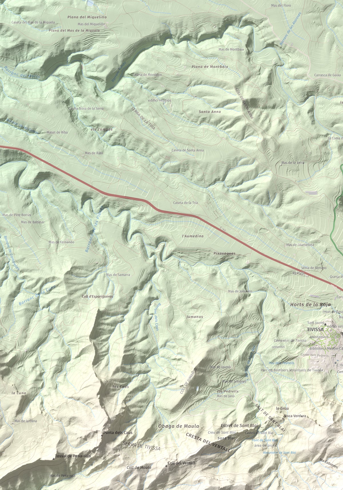 Mapa topogràfic del relleu: La Tossa (Tivissa), 718 m. Detall de la zona superior esquerra. 70 × 100 cm.