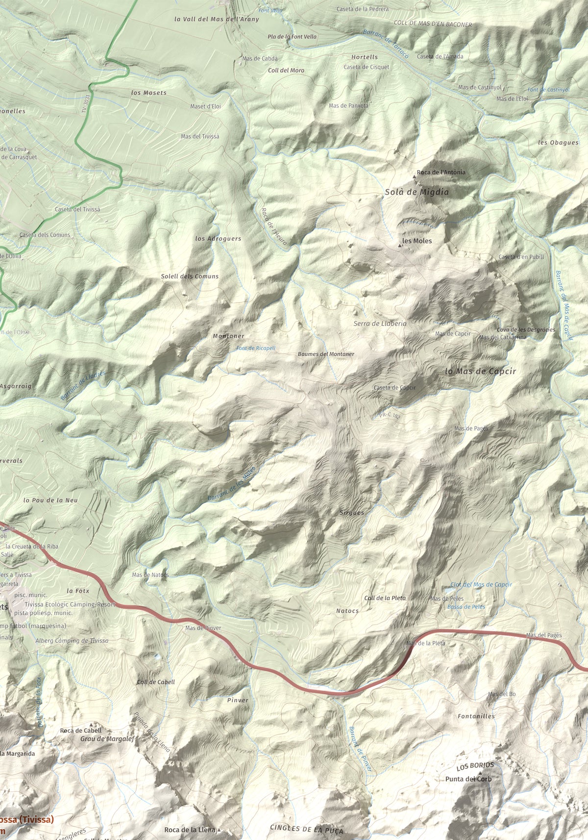 Mapa topogràfic del relleu: La Tossa (Tivissa), 718 m. Detall de la zona superior dreta. 70 × 100 cm.
