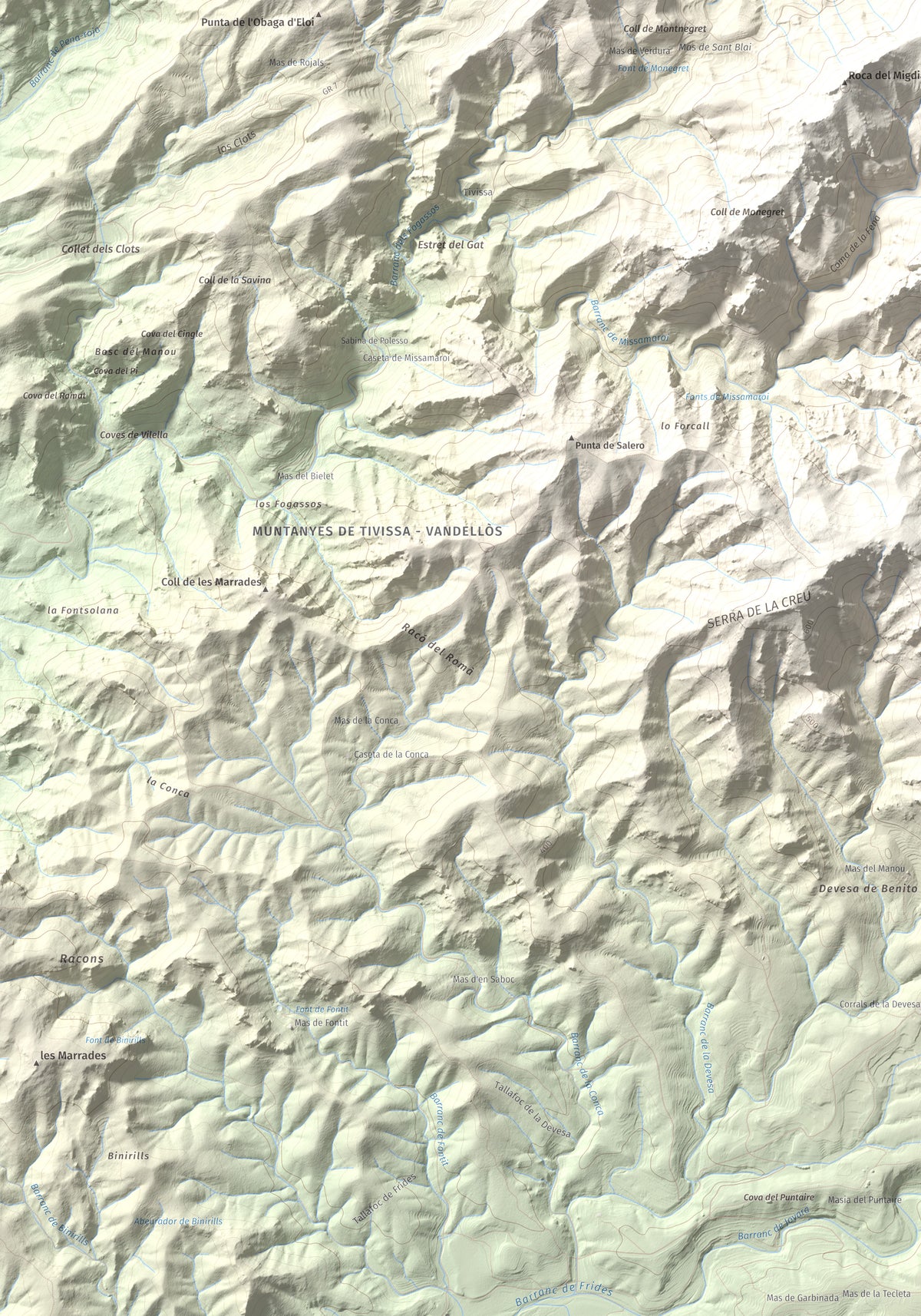 Mapa topogràfic del relleu: La Tossa (Tivissa), 718 m. Detall de la zona inferior esquerra. 70 × 100 cm.