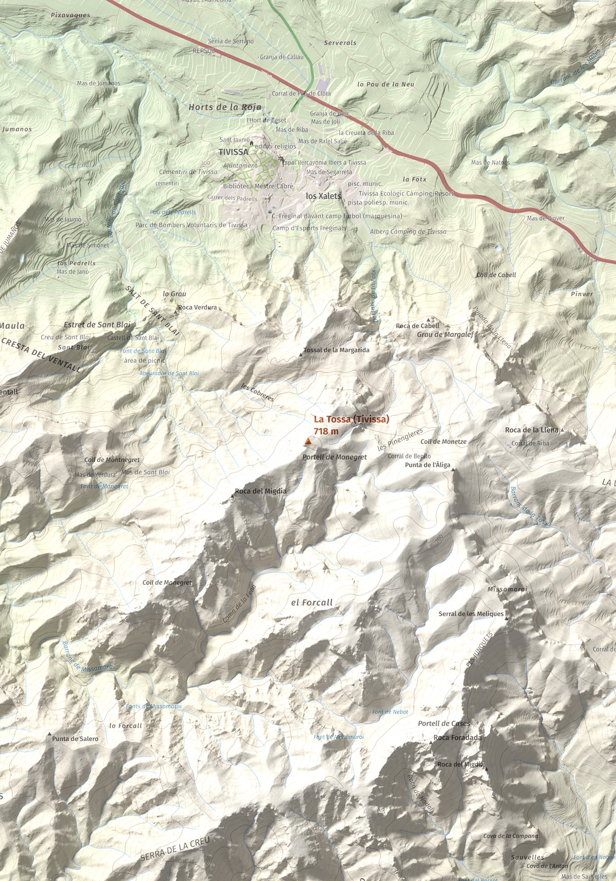 Mapa topogràfic del relleu: La Tossa (Tivissa), 718 m. Detall de la zona central. 70 × 100 cm.