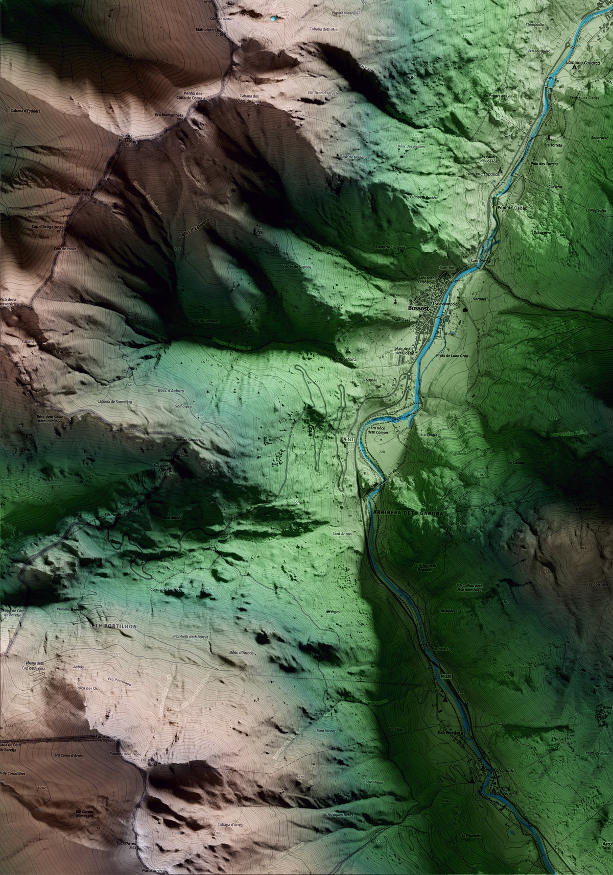 Mapa artístico del relieve de Les, al Aran, con 15 km de entorno y base topográfica ICGC. Detalle de la zona inferior izquierda.