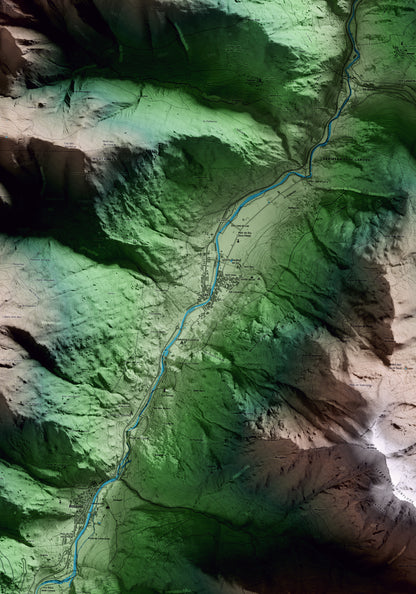 Mapa artístico del relieve de Les, al Aran, con 15 km de entorno y base topográfica ICGC. Detalle de la zona central.