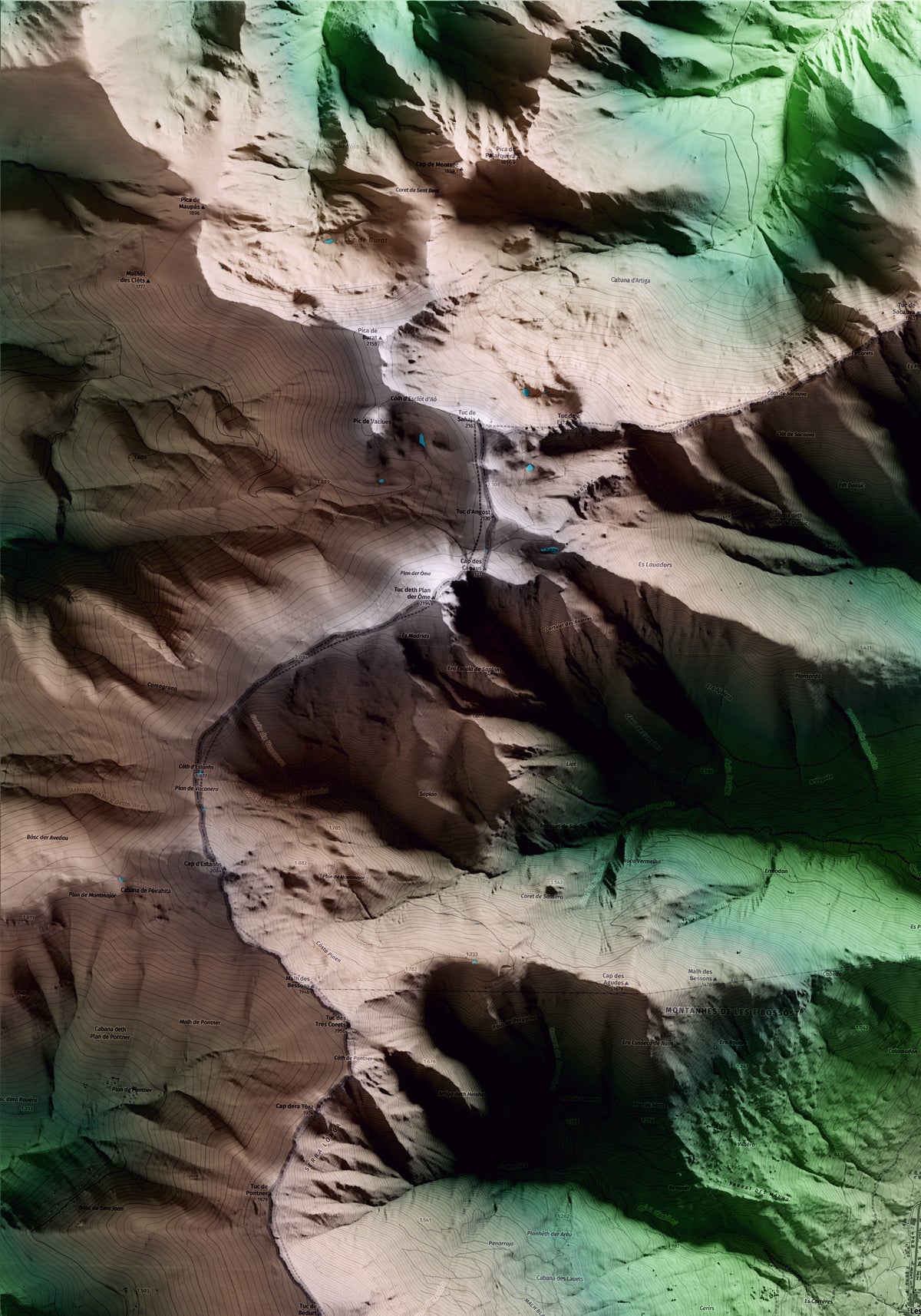Mapa artístico del relieve de Les, al Aran, con 15 km de entorno y base topográfica ICGC. Detalle de la zona superior izquierda.
