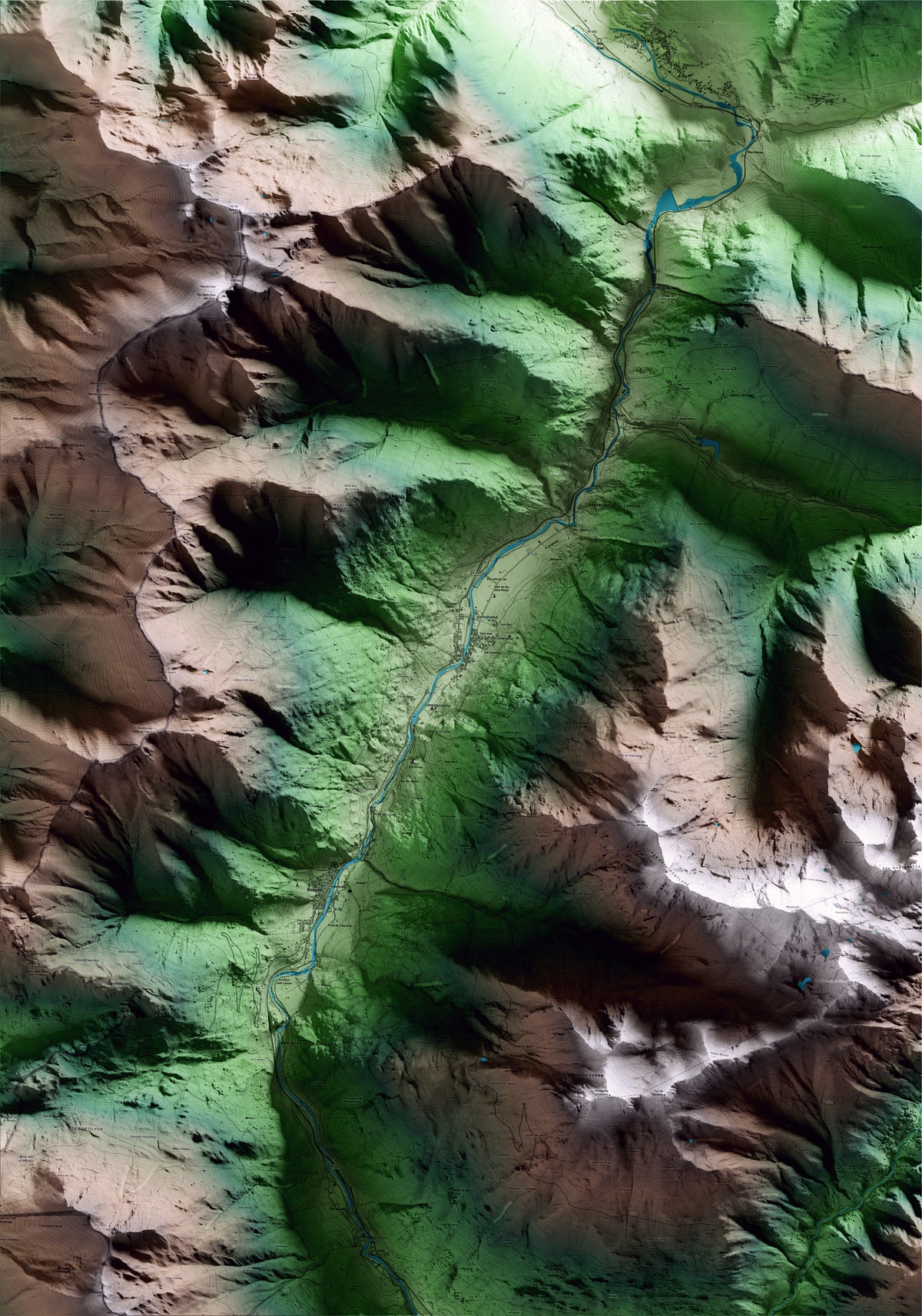Mapa artístico del relieve de Les, al Aran, con 15 km de entorno y base topográfica ICGC