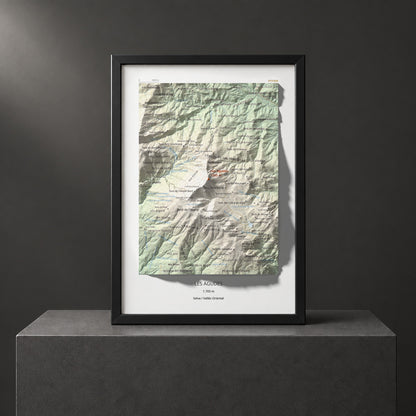 Mapa de relieve de Les Agudes, 1705 m, Selva · Vallès Oriental, lámina 100 Cims de Trobart. Presentación enmarcada. 21 × 30 cm.