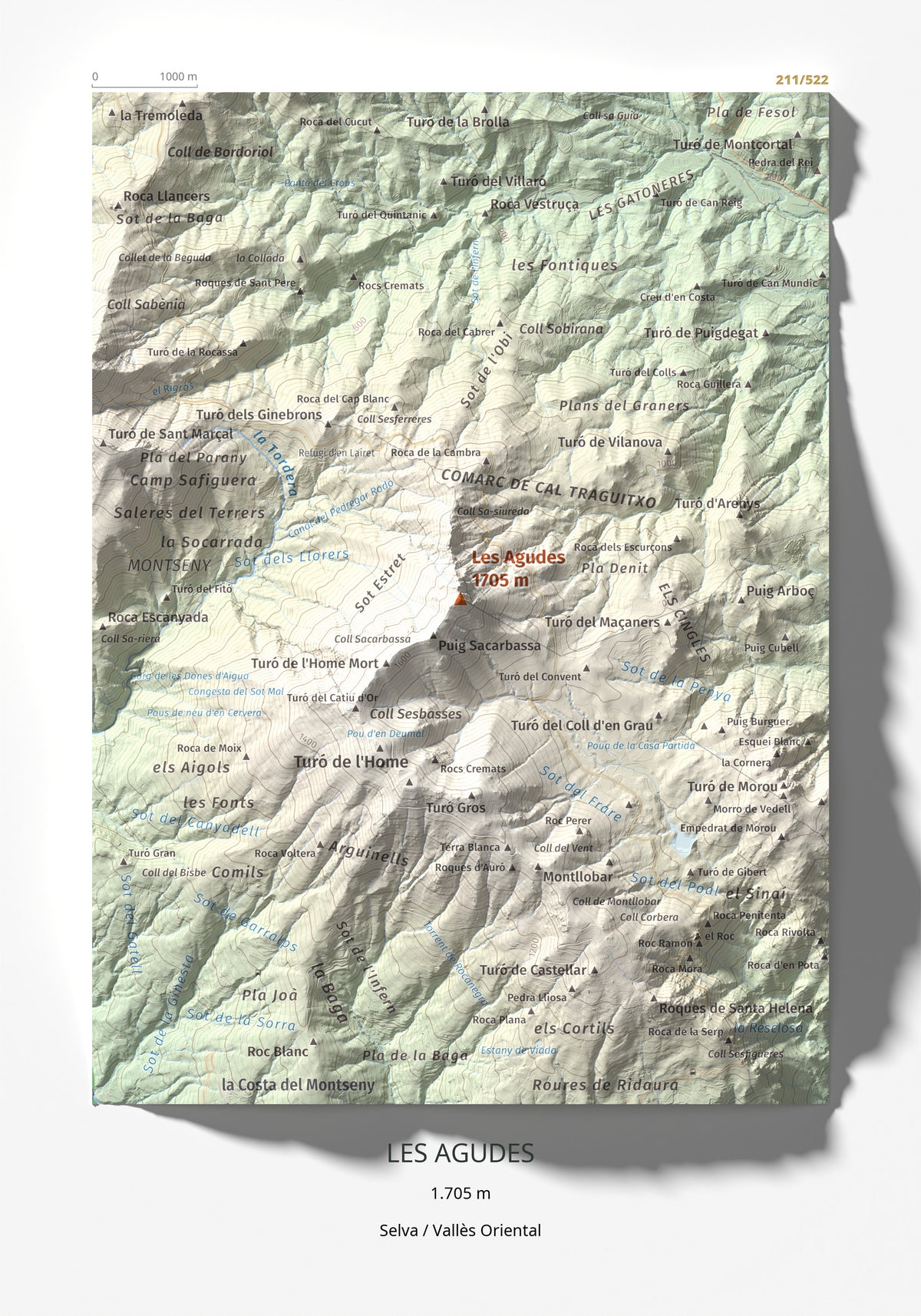 Mapa de relieve de Les Agudes, 1705 m, Selva · Vallès Oriental, lámina 100 Cims de Trobart 21 × 30 cm.