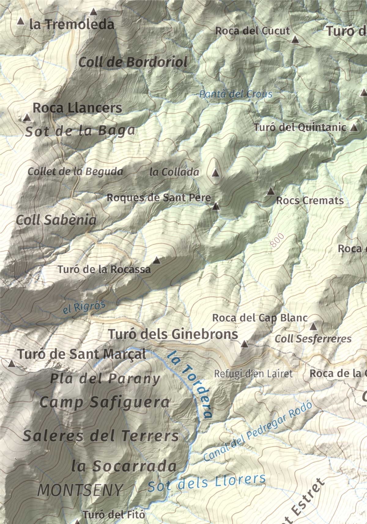 Mapa de relieve de Les Agudes, 1705 m, Selva · Vallès Oriental, lámina 100 Cims de Trobart. Detalle de la zona superior izquierda. 21 × 30 cm.