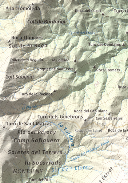 Mapa de relieve de Les Agudes, 1705 m, Selva · Vallès Oriental, lámina 100 Cims de Trobart. Detalle de la zona superior izquierda. 21 × 30 cm.