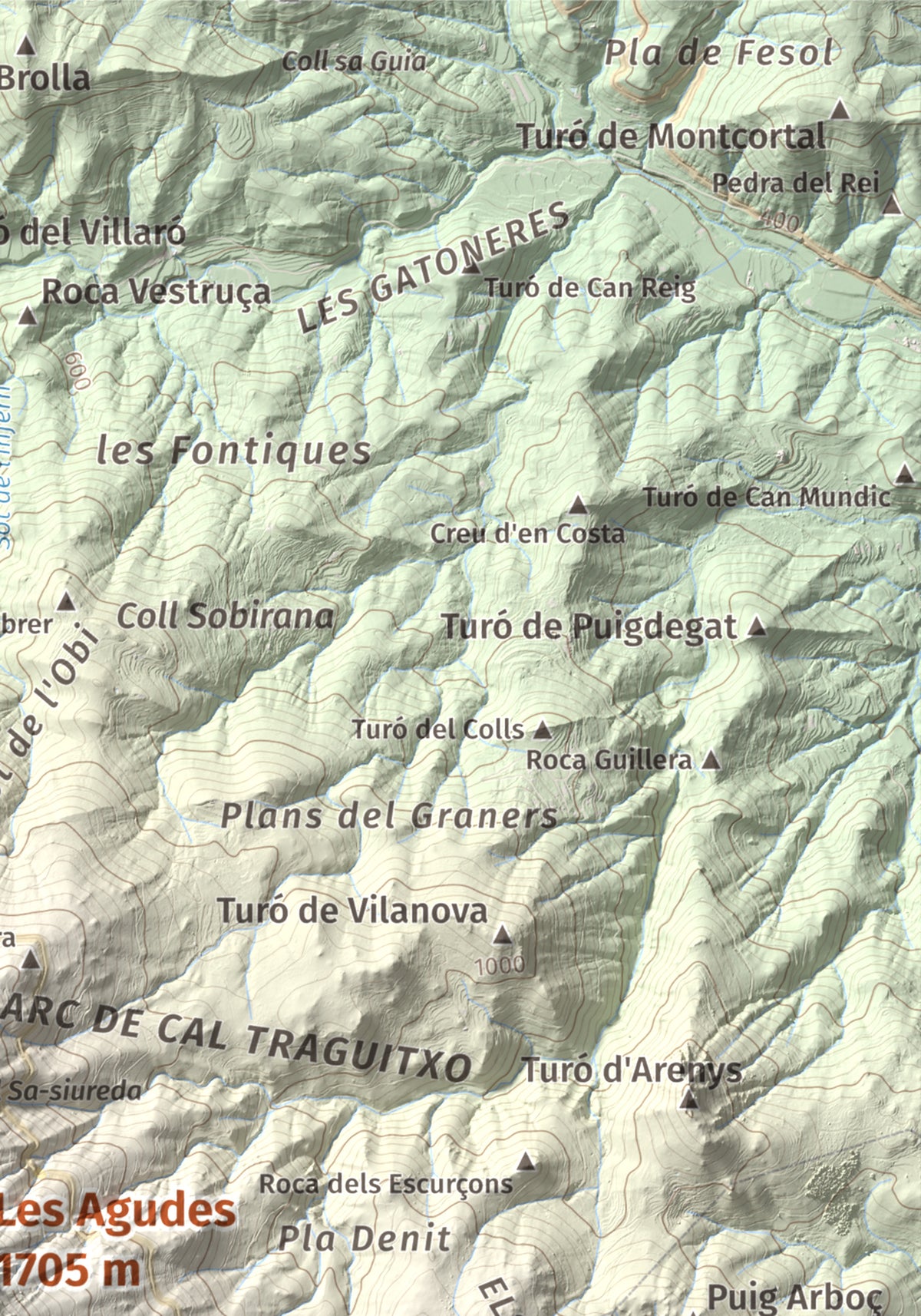 Mapa de relieve de Les Agudes, 1705 m, Selva · Vallès Oriental, lámina 100 Cims de Trobart. Detalle de la zona superior derecha. 21 × 30 cm.