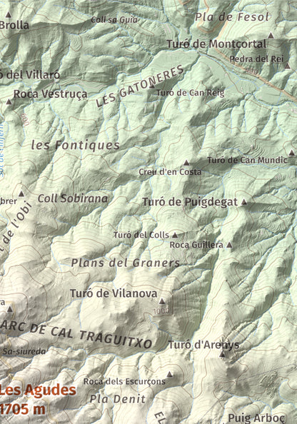 Mapa de relieve de Les Agudes, 1705 m, Selva · Vallès Oriental, lámina 100 Cims de Trobart. Detalle de la zona superior derecha. 21 × 30 cm.